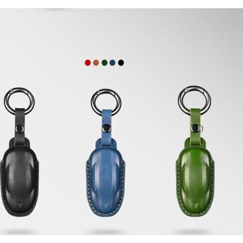 Smooth Leather Car Key Case Keychain Protective Shell for Tesla Model 3 X S Car Decoration Accessories