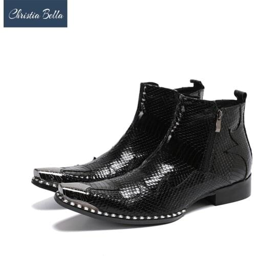 Christia Bella Metal Toe Chelsea Boots Men Pointed Toe Embossed Leather Ankle Boots Trending Western Cowboy High Top Casual Shoe