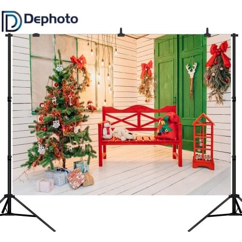 Dephoto Christmas Tree Wooden Wall Red Bench Baby Photography Backgrounds Customized Photographic Backdrops For Photo Studio