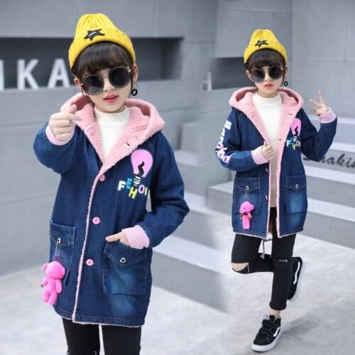 FYH Kids Clothing Winter Girls Warm Denim Coat School Children Casual Hooded Outerwear Baby Girls Thicken Fleece Jean Jackets