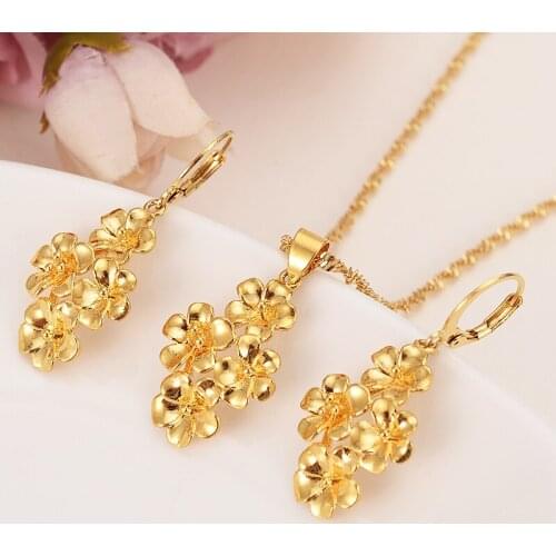 Gold Dubai India flower pendant necklaces chain earrings for women gold jewelry sets wedding bridal girls Christmas gifts