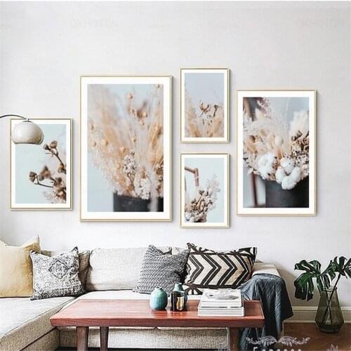 Beautiful Autumn Dried Flower Bouquet Cotton Eucalyptus Canvas Painting Wall Art Pictures Room Decoration Unframed