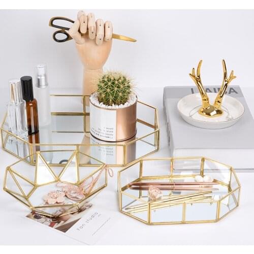 Brass Storage Tray Golden Polygon Glass Snack Plate Makeup Jewelry Plate Home Kitchen Decor