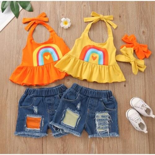 Summer Girl’s Vest Shorts Suit Clothes Set Fashion Print Halter Tops Ripped Patchwork Denim Shorts with Headband Sets
