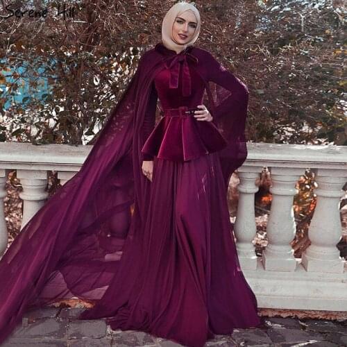 Muslim Wine Red Long Sleeves Evening Dresses 2020 Long Shawl Sashs A-Line Simple Fromal Dresses Serene Hill LA70278