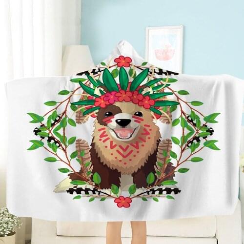 Pet Dogs Hooded Blanket Ethnic Animals Throw Blanket For Kids Adults Fleece Blanket Nap Office Sofa Soft Wearable Blanket