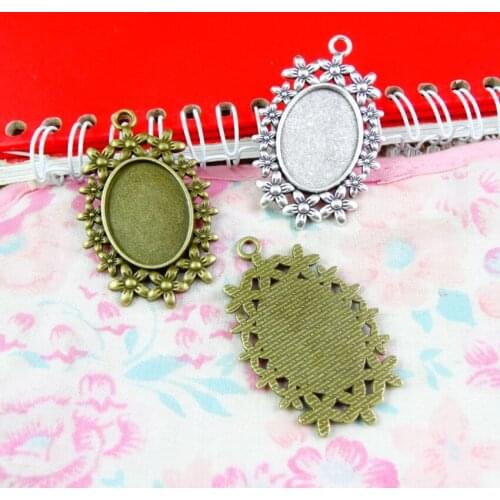 Fit 18*25mm ) 10pcs Antique Bronze Antique Silver Plated Cabochon Settings Oval Cameo Base Blank Tray Pendant Charms Flowers