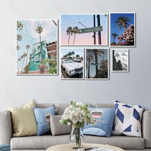 Scandinavia Style Canvas Painting Poster Coconut Trees Vintage Road Sign Flowers Mountain Prints for Home Office Rooms Decorati