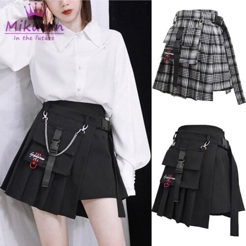 Gothic Punk Women High Waist Shorts Skirts With Pocket Harajuku Cool Girls Vintage Plaid Irregular Pleated Fashion Mini Skirts