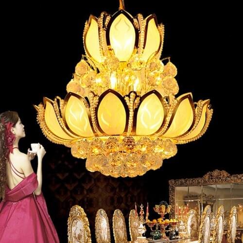 Modern Crystal Chandelier Lighting Fixture American K9 Crystal Gold Lotus Flower LED Chandeliers Lamp Foyer Home Indoor Lighting