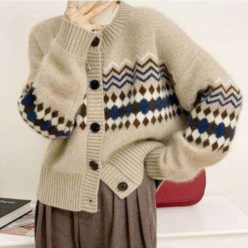 JESSIC Spring And Autumn Womens New Cardigan Sweater Korean Style Loose Jacket Western Style Long Sleeve Round Neck Casual Top