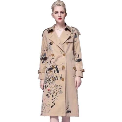 New Khaki Winter Ladies Trench Coat Women Long Sleeves Doodle Drawing Coats Womens Overcoat Woman Female Jacket Windbreak Autumn
