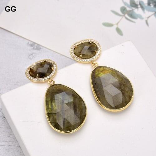 GuaiGuai Jewelry Natural Stone Natural Labradorites Shimmer Stone CZ Stud Earrings CZ Fitting Earrings For Women