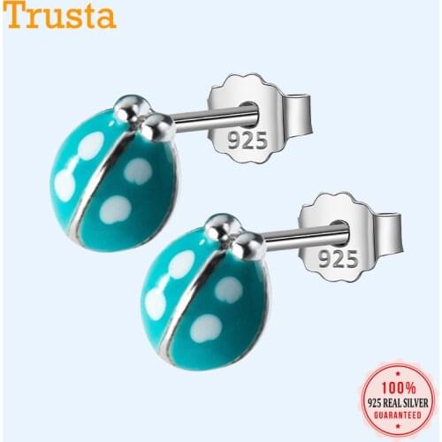 Trusta 100% 925 Sterling Silver Earring Fashion Cute Tiny 4mmX5mm Green Ladybug Stud Earrings Gift For Girls Kids Lady DS362