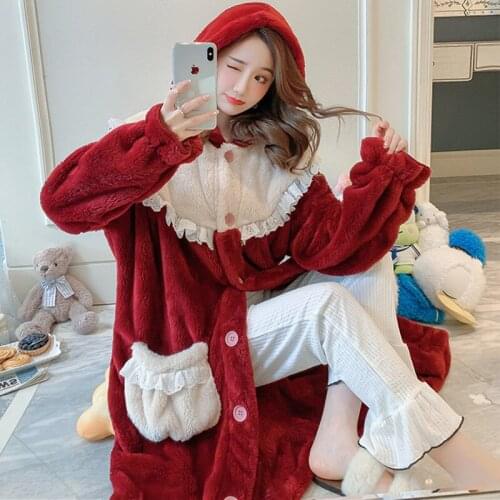 Nightwear Ladies Autumn Winter Long Coral Fleece Thicken Flannel Warm Bathrobe Morning Gown Cute Plus Size Robe Women Hooded