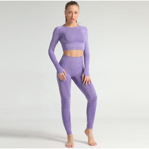 2 Pcs Women Gym Set Workout Clothes Sports long sleeve shirts and Leggings Set Sports Wear Athletic Yoga fitness suits
