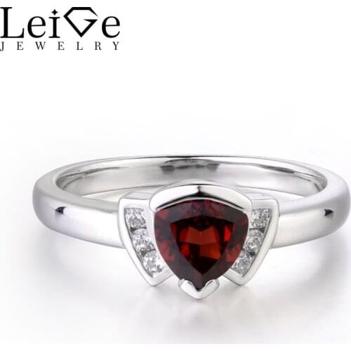 Leige Jewelry Red Color Natural Garnet Rings Engagement Ring Trillion Shape Anniversary Rings for Woman January Birthstone