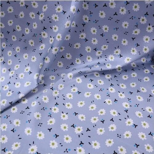138cm*100cm Cute Daisy Print Blue Natural Silk Fabric Stretch Satin Spandex