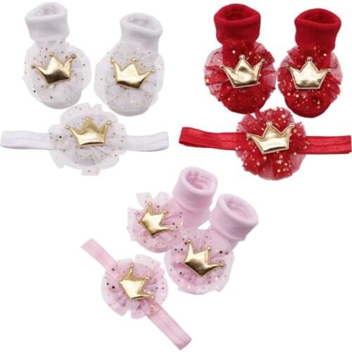 2021 Newborn Infant Baby Girl Cute Lace Cotton Socks with Crown Hairband Photography Props Set Headband Accesorries