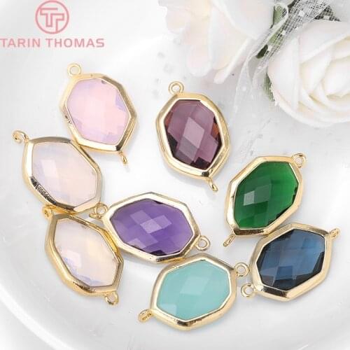 4PCS 12x23.5MM 24K Champagne Gold Color Plated Brass with Colourful Glass Beads 2 holes Connect Charms Accessories