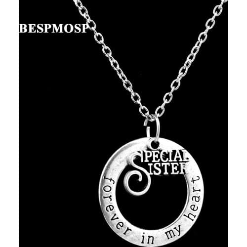 Bespmosp 24PC/Lot Wholesale Special Sister Forever In My Heart Pendant Necklace Family Sister Women Girl Jewelry Love Chain Gift