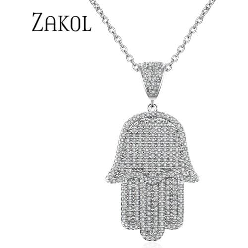 ZAKOL Shiny Micro-Inlay Zirconium Palm Personality Pendant Necklace for Bridal Jewelry Women Dinner Party Birthday Gift FSNP2036