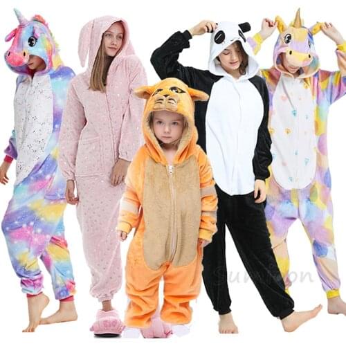 Children Kigurumi Cat Onesie Kids Unicorn Pajamas Cat Deer Rabbit Panda Animal Sleepwear For Boys Girls Flannel Funny Pijamas