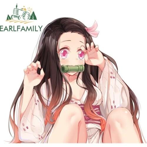 EARLFAMILY 13cm x 11.4cm for Demon Slayer Kamado Nezuko Car Stickers Sunscreen Creative Decals Scratch-Proof Car Styling