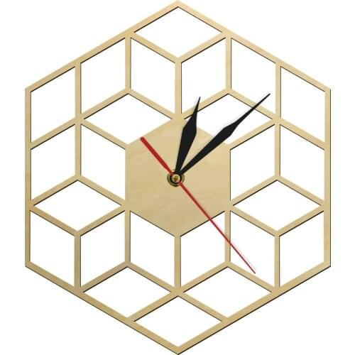 Geometric Hexagon Silent Non-ticking Wall Clock Cube Minimalist Inspired Eco Friendly Natural Art Decor Watch Wooden Duvar Saati