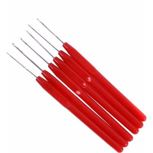 12pcs Red color plastic handle hook needle threader loop pulling needle for micro hair extensions tools