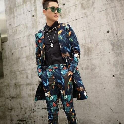 Exquisite printed casual suits nightclub bar suit tide mens slim suit stage wear