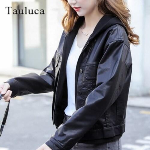 Women Short Faux PU Jacket Fashion Casual Punk Black Hooded Outwear Motorcycle Biker Leather Jackets Coats Ladies Clothes Female