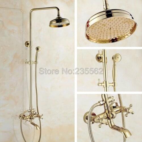 Golden Brass Finish Contemporary Bathroom 8 inch Rain Shower Faucet Set W/ Dual Cross Handle Bathtub Mixer Taps lgf381
