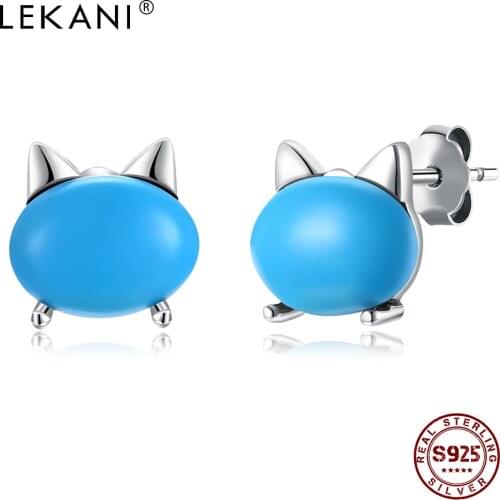 LEKANI 925 Sterling Silver Stud Earrings For Girl Simple Oval Shape Blue Kitten Anniversary Women Earring Fine Jewelry Best