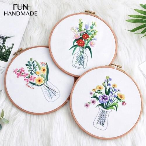3D DIY Flowers Embroidery kit Vase Bouquet Materials Package Handmade Cross Stitch With hoop Home Decor Friend Gift