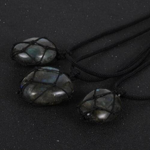Irregular Moonstone Labradorite Pendant Necklace Jewelry Braided Cord Women Men Natural Gem Stone Wrap Choker Clavicle Chain