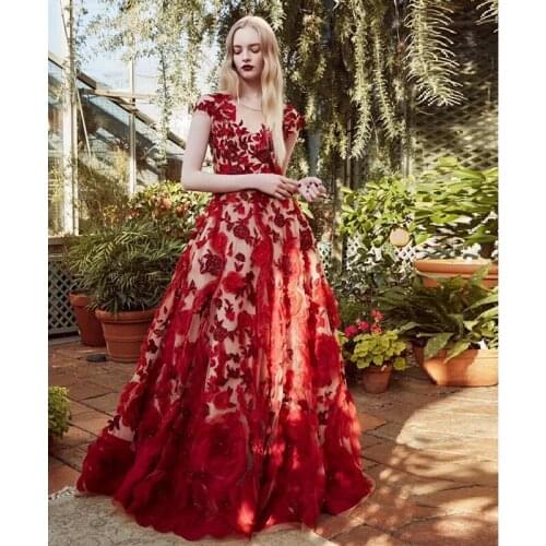 2019 Latest Fashion Show Runway Dress Elegant Red Sheer Lace Flower Maxi Dress Embroidery Luxury Celebrity Party Dresses Vestido