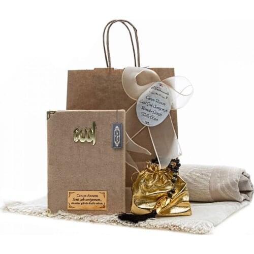 Religious Gift Luxury Prayer Rug, Velvet Covered Yasin, Sacred Crystal Rosary, Kraft Bag Gift Package Set FREE SHİPPİNG