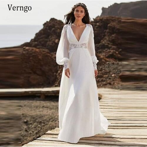 Verngo 2021 Boho Beach Long Puff Sleeves Wedding Dress 2021 Chiffon Pleated Lace Applique V Neck Vintage Bridal Gowns Plus Size