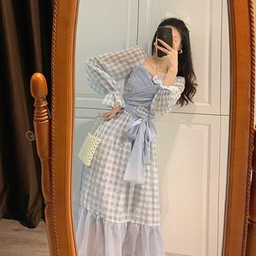Fairy Dress Autumn French Retro Bubble Long-Sleeved Tie Ruffled Plaid Dress Mid-Length Student Girl