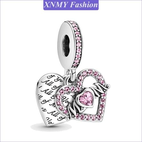 XNMY New Original Silver Color Pink Love Dangle Mom Heart Pendant Fit European Pandora Charms Bracelet Diy Jewelry Making