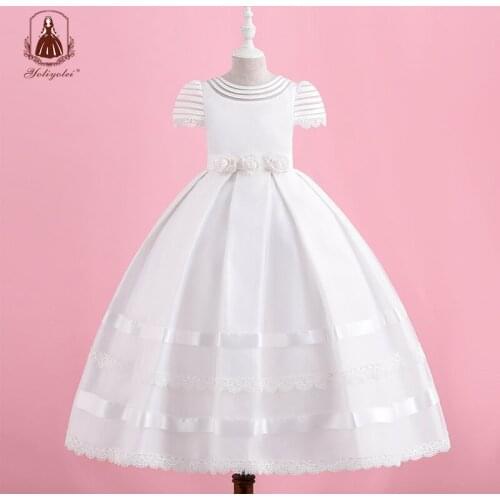 Yoliyolei Girls Flower A-line Dress Kids Stripes Fashion Ball Gown Short Sleeve Dresses with Ribbons Lace Hem for Children Party