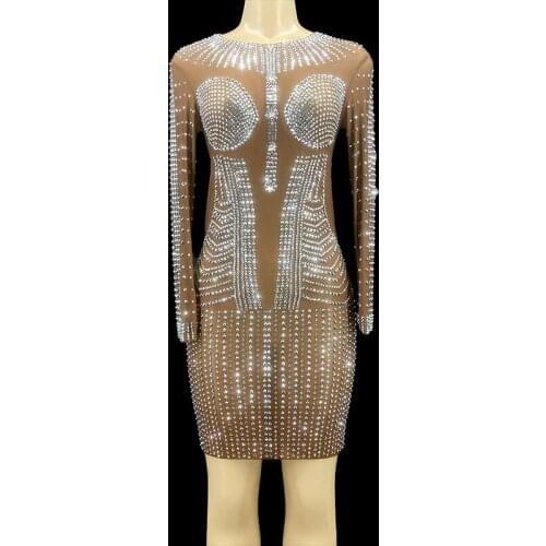 ZD Silver Rhinestones Brown Mesh Stretch Dress Birthday Celebrate Transparent Long Sleeves Outfit Singer Dancer Nightclub Prom