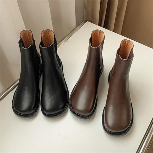PXELENA Retro Women Low Heels Chelsea Ankle Boots Real Genuine Leather Fall Winter Shoes Lady Casual Comfort Daily Short Boots