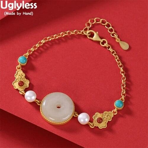 Uglyless Natural Jade Peace Button Bracelets for Women Real 925 Silver Thin Bracelet Freshwater Pearls Turquoise Vintage Jewelry