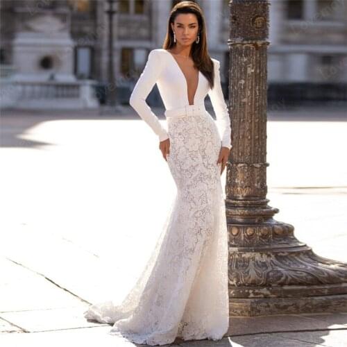 Sexy V Neck Mermaid Wedding Dresses for Bride Lace Appliques Beach Bridal Gowns Long Sleeves Vestidos De Novia Boho Bride Dress