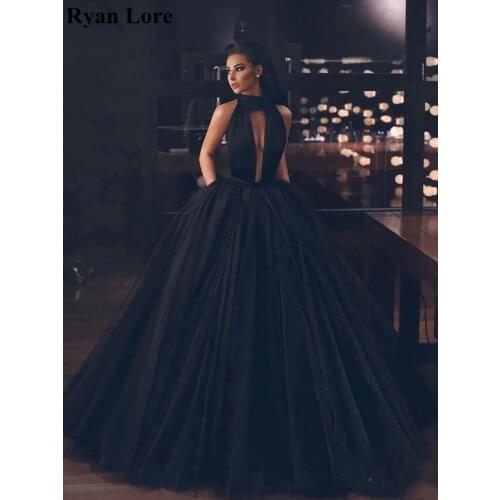 Sexy Black Ball Gown Evening Dresses Women Halter Neck Prom Gowns Sleeveless Cut-Out Long Robe Formal Party vestidos de festa