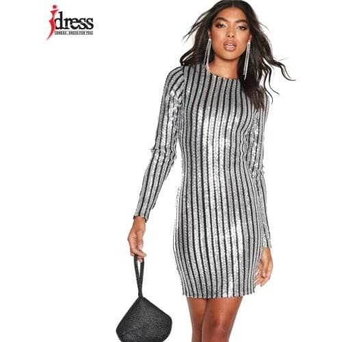 IDress Elegant Dress Women for Wedding Party Long Sleeve Strip Gold Silver Sequin Dress Sexy Bodycon Party Nightclub Mini Dress