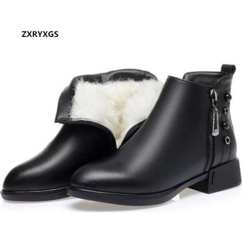 ZXRYXGS 100% Cowhide Black Shoes Woman New Autumn Boots Genuine Leather Boots Warm Inisde Plush / Wool Winter Boots Women Boots