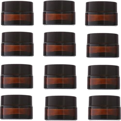 12pcs 20g Amber Glass Cream Jars Cosmetic Packaging with lid black plastic caps & inner liners round empty small glass jar pot